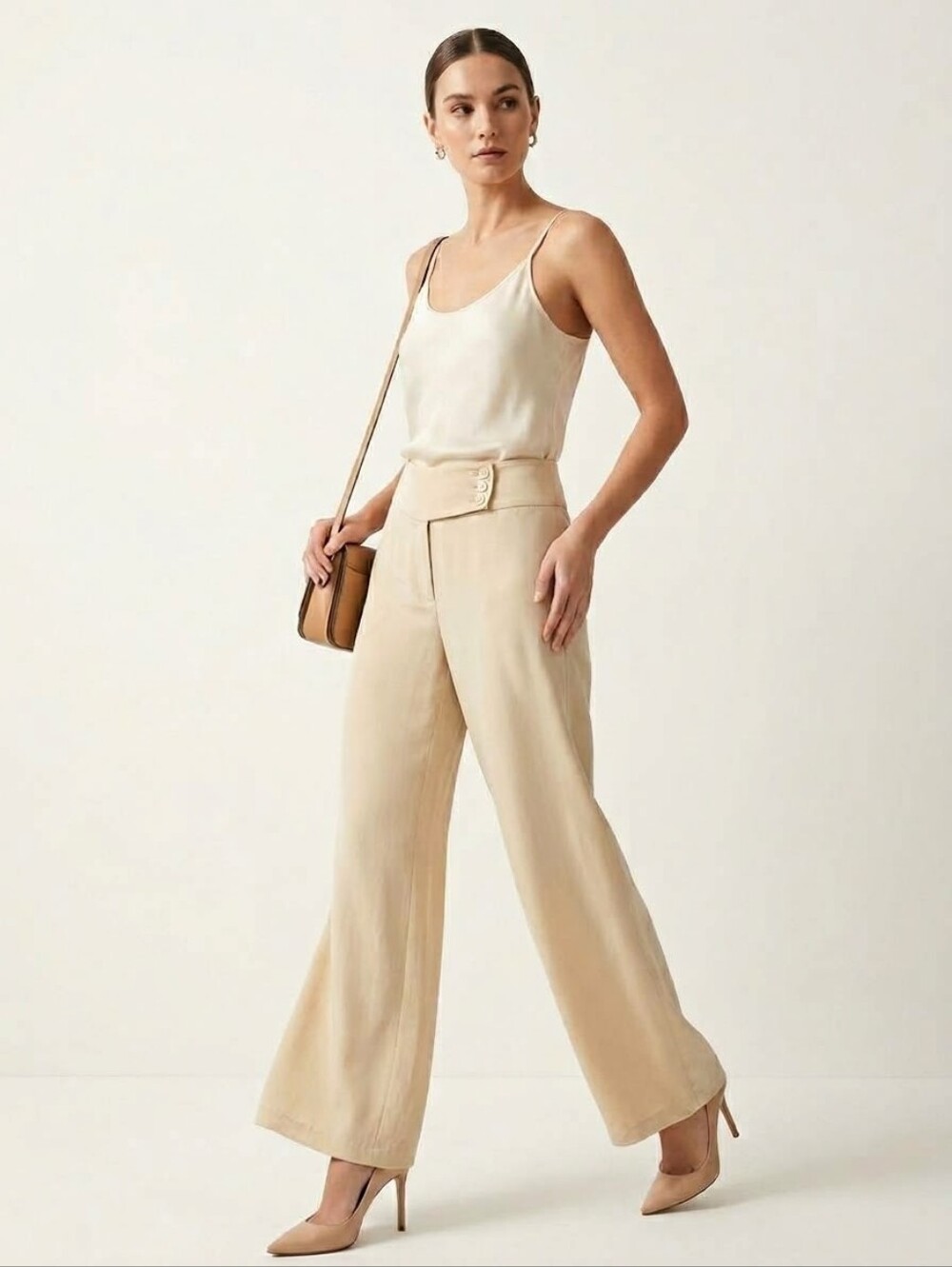 Peter Nygard 100% Silk Wide Leg Trousers Beige 6 Minimalist Quiet Luxury